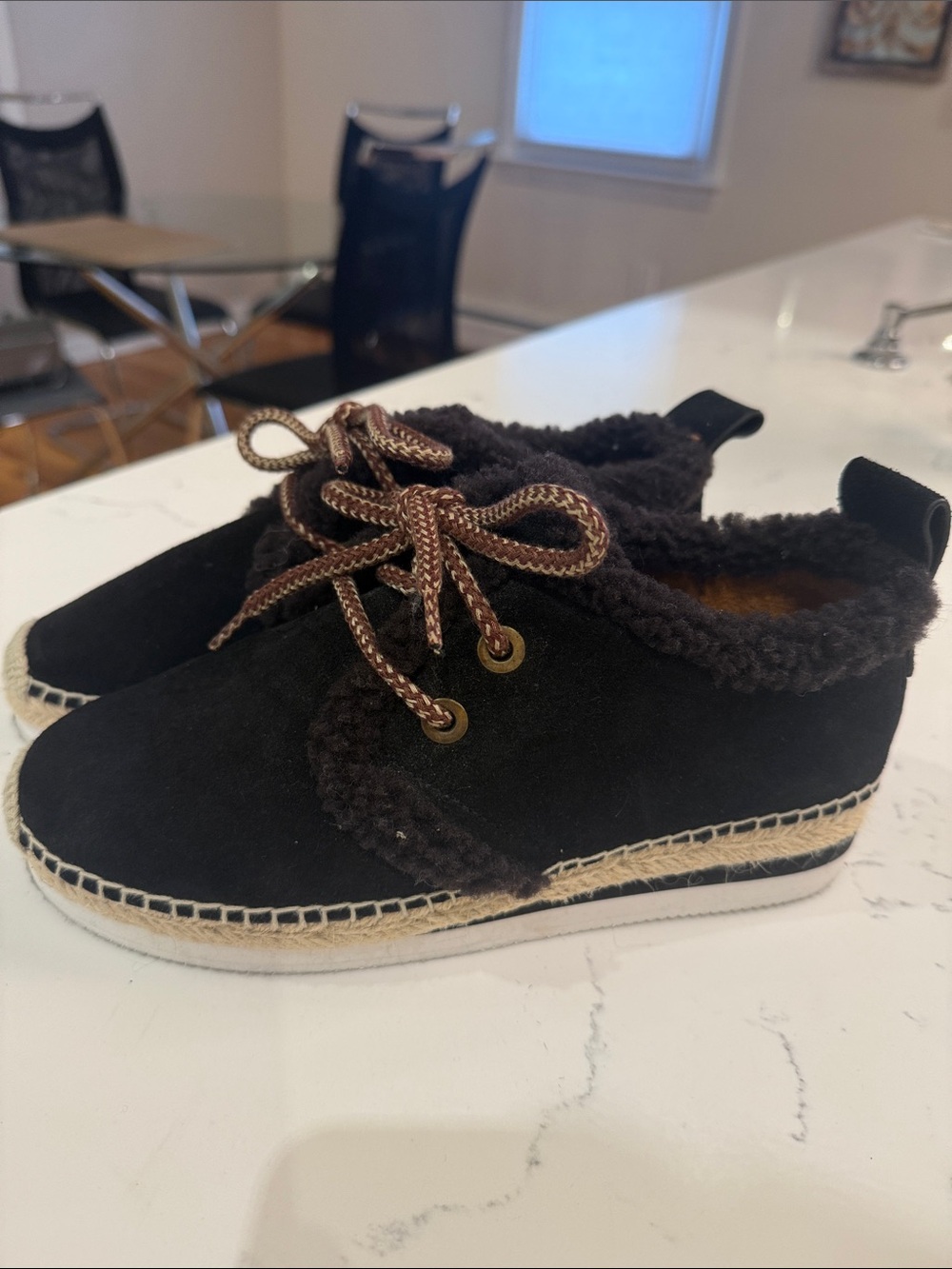 See By Chloe Black Suede Lace-Up Shearling Espadrille Sneakers